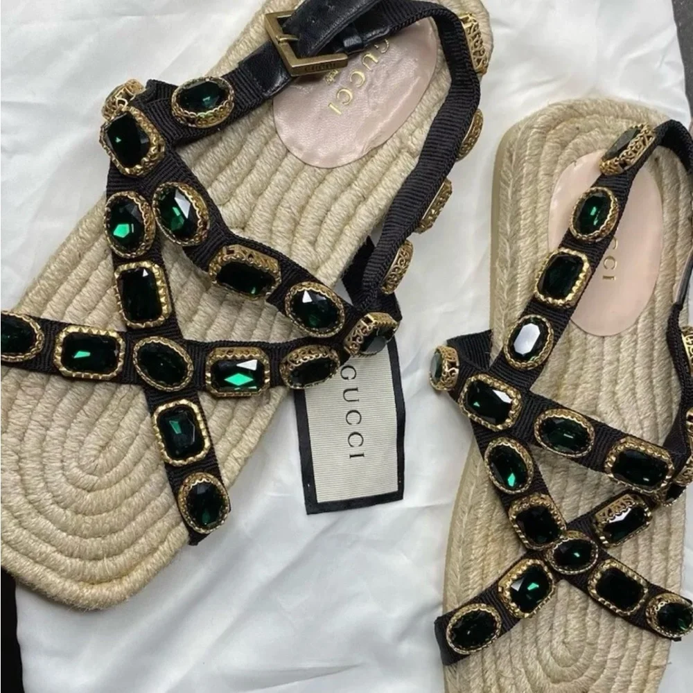 Gucci crystal embellished espadrille black grosgrain flat sandals - Picture 2 of 7
